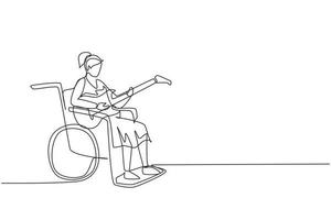 contínua uma linha de desenho jovem bela fêmea sentar cadeira de rodas tocando guitarra elétrica, cantar música. Deficiente físico. pessoa na enfermaria do quarto de hospital. ilustração vetorial de desenho de linha única vetor