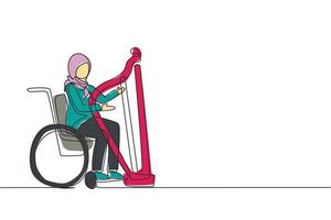única linha contínua desenho mulher árabe sentada em cadeira de rodas toca harpa em concerto. deficiência e música clássica. Deficiente físico. Centro de Reabilitação. vetor de design gráfico de desenho de uma linha