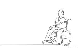 única linha contínua desenhando homem doente com ferimentos, gesso senta-se na cadeira de rodas. macho ferido sentado em cadeira de rodas com perna quebrada. cara com perna fraturada. ilustração vetorial de design de desenho de uma linha vetor