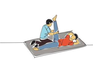 único centro de reabilitação de desenho de uma linha. massagem terapêutica. fisioterapeuta masculino dando massagem nas pernas do paciente deitado no chão. ilustração em vetor gráfico de desenho de linha contínua moderna