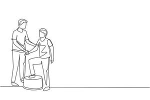terapeuta de homem de desenho de linha contínuo ajudando jovem paciente do sexo masculino subindo as escadas, reabilitação médica, atividade de fisioterapia. ilustração gráfica de vetor de desenho de linha única