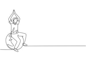 composição isométrica de reabilitação de fisioterapia de desenho de linha contínua única com paciente do sexo masculino sentado em cima da bola de borracha com o levantamento de ambas as mãos. ilustração vetorial de design de desenho de uma linha vetor