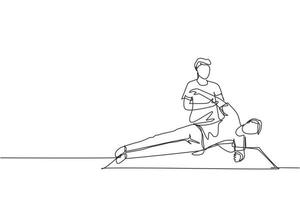 único desenho de linha contínua homem paciente deitado no chão massagista terapeuta fazendo tratamento curativo massageando o corpo do paciente esporte manual fisioterapia. ilustração vetorial de design de desenho de uma linha vetor