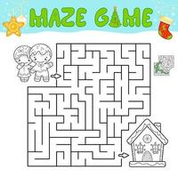 jogo de quebra-cabeça de labirinto de natal para crianças. delinear o jogo de labirinto ou labirinto com homem de gengibre de natal e casa de gengibre. vetor