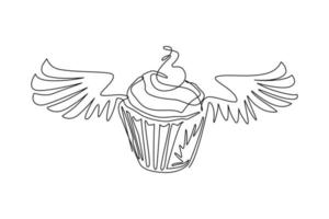 única linha contínua desenhando bolinho delicioso com símbolo de ícone de asas isolado. logotipo de cupcake mínimo alado. logotipo de mascote fofo de padaria. ilustração em vetor design gráfico de desenho gráfico de uma linha dinâmica