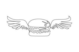 único hambúrguer de desenho de linha com ícone de asas. doodle plano desenhado à mão isolado. cheeseburger, hambúrguer, conceito criativo de fast food. ilustração em vetor gráfico de desenho de linha contínua moderna