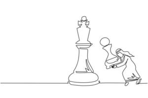 único desenho de linha empresário árabe segurando peão peça de xadrez para vencer o xadrez rei. planejamento estratégico, estratégia de desenvolvimento de negócios, táticas de empreendedorismo. vetor de design de desenho de linha contínua