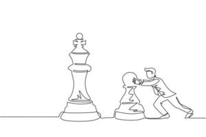 único desenho de linha contínua empresário árabe puxando xadrez grande rei  com corda. objetivo de realização de negócios, estratégia, conceito  competitivo e estratégico. uma linha desenhar ilustração em vetor design  gráfico 8990231