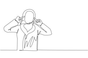 única linha contínua desenho jovem árabe cobrindo os ouvidos com os dedos com expressão irritada por ruído de som alto ou música enquanto os olhos fechados. uma linha desenhar ilustração em vetor design gráfico