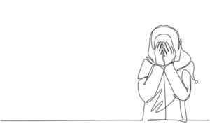 única linha contínua desenho jovem árabe fecha os olhos com as mãos por causa de desgosto e relutância em ver algo, medo ou tristeza. uma linha desenhar ilustração em vetor design gráfico