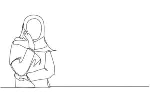 uma linha contínua de desenho jovem árabe segurando a mão na bochecha com a mão cruzada. pessoa entediada ou cansada, mantendo a mão no rosto. fêmea que sofre de dor de dente. vetor de design de desenho de linha única