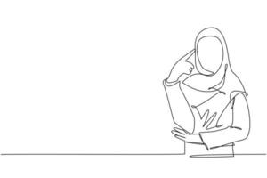 única linha contínua desenho mulher árabe tocando suas têmporas e lembrando de algo. fêmea segurando o dedo na cabeça, sentindo-se cansado exausto, estresse crônico no trabalho. vetor de design de desenho de uma linha