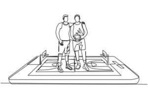único desenho de uma linha dois jogadores de basquete se abraçam na superfície do smartphone. basquete móvel. jogo de esportes móveis. ilustração em vetor gráfico de desenho de linha contínua moderna