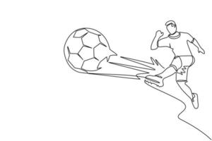 uma linha contínua desenhando um jovem jogador de futebol masculino correndo e chutando a bola para a frente. homem jogando futebol em uniforme esportivo branco, botas, pé. ilustração gráfica de vetor de desenho de linha única