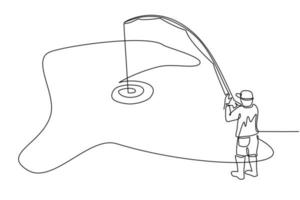 única linha contínua desenhando a pesca do jovem pescador. homem de pé aproveitando o tempo de lazer na natureza. banner, site, modelo de pôster. pesca, recreação masculina ao ar livre. vetor de design de desenho de uma linha
