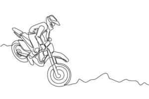 desenho de uma linha contínua jovem piloto de motocross monta moto de motocross. competição de motocross. enduro, esporte radical de motocross freestyle. ilustração gráfica de vetor de desenho de linha única