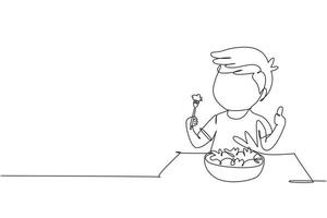 único desenho de uma linha garotinho comendo salada de legumes fresca e mostrando o polegar no sinal. criança comendo salada. comida saudável para crianças. ilustração em vetor gráfico de desenho de linha contínua moderna