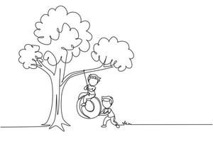 única linha contínua desenho feliz dois meninos jogando pneu balanço debaixo da árvore. lindos filhos balançando no pneu pendurado na árvore. crianças brincando no jardim. uma linha desenhar ilustração em vetor design gráfico