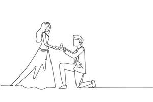 contínuo um homem de desenho de linha ajoelhado oferecendo o anel de noivado para sua namorada. jovem de joelhos propondo a garota para se casar. pedido de casamento com vestido de noiva. vetor de design de desenho de linha única