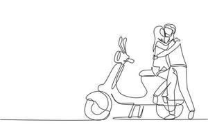 única scooter de desenho de linha contínua, viagens, casal, aventura, conceito de passeio. casal de família viaja de scooter. feliz homem e mulher árabe andam de moto. vetor de design gráfico de desenho dinâmico de uma linha