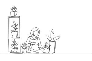 uma mulher de desenho de linha contínua está regando plantas, cuidando de verdes. hobby, estilo de vida de baixo desperdício, pensamento ecológico. jardim de casa. jardim na varanda. ilustração vetorial de desenho de linha única vetor