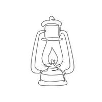 única linha contínua desenhando lanterna de acampamento vintage em fundo branco. lâmpada de gás retrô com pavio de fogo brilhante. manusear lâmpadas a gás para caminhadas turísticas. uma linha desenhar ilustração em vetor design gráfico