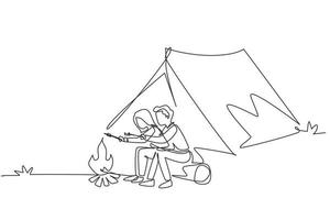 único desenho de uma linha acampamento de verão feliz casal romântico. homem mulher sentada junto à lareira no log. fogueira com marshmallow. férias ao ar livre na floresta. ilustração em vetor design de desenho de linha contínua