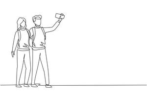 único casal de desenho de linha contínua em pé tentando tirar selfie com o dispositivo móvel na mão. homem e mulher são fotografados juntos. uma linha desenhar ilustração em vetor design gráfico