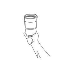 copo descartável de café de desenho de linha contínua na mão do empresário. xícara de café em gráfico de linha. mão do homem segura o ícone de xícara de café. símbolo da caneca de café. ilustração vetorial de desenho de linha única vetor
