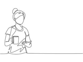 única linha contínua desenhando linda mulher relaxando bebendo e mostrando na caneca de café ou chá quente. linda garota sentindo gosta de tomar café da manhã no feriado. ilustração vetorial de design de desenho de uma linha vetor