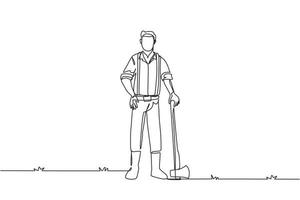 um único lenhador de desenho de linha com machado em pé vestindo camisa de suspensório, jeans e botas. pose de lenhador na floresta madeireira. ilustração em vetor gráfico de desenho de linha contínua moderna