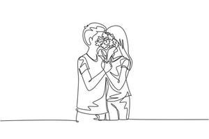 único desenho de uma linha jovem casal abraçando e beijando atrás do buquê de flores. feliz homem e mulher comemorando aniversário de casamento. ilustração em vetor gráfico de desenho de linha contínua moderna