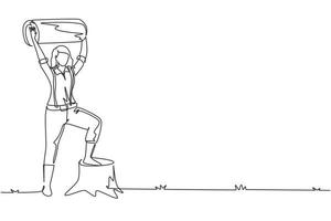 única linha de desenho de uma bela mulher lenhador segurando o log abatido. vestindo camisa de suspensório, jeans e botas, posando com um pé no toco de árvore. ilustração em vetor design de desenho de linha contínua
