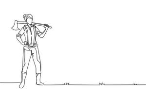 uma pose de lenhador de mulher de desenho de linha contínua na floresta de registro. lenhador feminino em pé e segurando no ombro um machado com cabo de madeira longo. ilustração vetorial de desenho de linha única vetor