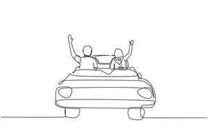 único desenho de linha contínua feliz casal livre dirigindo no carro cabriolet na cidade à noite torcendo alegre com os braços levantados. casal viagens de férias de verão. ilustração em vetor de design gráfico de uma linha