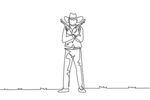 único desenho de uma linha pistoleiro do oeste selvagem segurando duas armas. cowboys americanos segurando suas duas armas acima do peito. armas para autodefesa. vetor gráfico de design de desenho de linha contínua moderno