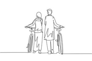 única linha contínua desenho vista traseira casal árabe homem e mulher andando junto com a bicicleta. menino e menina apaixonados. feliz casal romântico. vetor de design gráfico de desenho dinâmico de uma linha