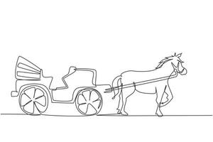 transporte vintage de desenho de uma única linha, carruagem puxando a cavalo. velha carruagem com um cavalo, um cavalo puxa uma carruagem atrás dele. ilustração em vetor gráfico de desenho de linha contínua moderna