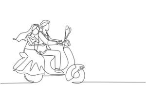 único desenho de linha contínua casal andando de moto. homem dirigindo scooter e mulher são passageiros enquanto abraçam vestido de noiva. dirigindo com segurança. vetor de design gráfico de desenho de uma linha