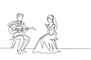 uma linha contínua desenhando casal com vestido de noiva sentado na cadeira. homem tocando música na guitarra, garota ouve e canta juntos na festa de casamento. gráfico de vetor de design de desenho de linha única