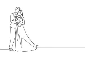 um único homem de desenho de linha dá flores para a mulher e a abraça. homem dando para mulher buquê de flores no dia do casamento. feliz casal romântico apaixonado. vetor gráfico de desenho de desenho de linha contínua