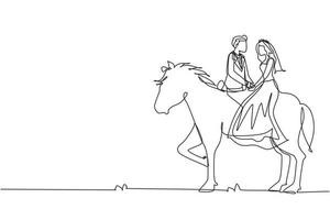 contínua uma linha de desenho romântico casal apaixonado andando a cavalo. homem feliz mulher se preparando para o casamento. noivado e relacionamento amoroso. ilustração gráfica de vetor de desenho de linha única