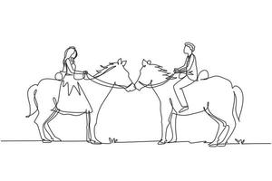 único desenho de uma linha casal romântico apaixonado andando a cavalo no deserto. homem e mulher andam a cavalo usando vestido de noiva. noivado e relacionamento amoroso. vetor gráfico de desenho de desenho de linha contínua