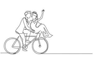 contínua uma linha de desenho romântico casal andando de bicicleta. homem e mulher apaixonados por vestido de noiva. casal feliz pedalando juntos. ilustração gráfica de vetor de desenho de linha única