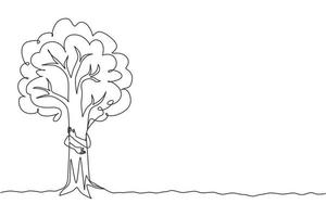 único homem de desenho de linha abraçando a árvore no parque. símbolo de amar as plantas e o meio ambiente. agricultura. dia da terra, conceito de ecologia. ilustração em vetor gráfico de desenho de linha contínua moderna