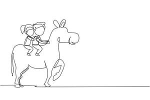 única linha contínua desenhando feliz menino bonito e menina montando burro juntos. crianças sentadas no burro traseiro com sela no parque da fazenda. crianças aprendendo a montar burro. vetor gráfico de desenho de uma linha