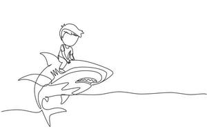 desenho contínuo de uma linha garotinho montando tubarão inflável. jovem sentado nas costas de tubarão na piscina. peixe do oceano de tubarão em águas profundas. ilustração gráfica de vetor de desenho de linha única