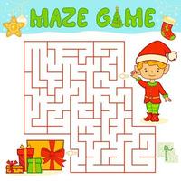 jogo de quebra-cabeça de labirinto de natal para crianças. jogo de labirinto ou labirinto com elfo de menino de natal. vetor