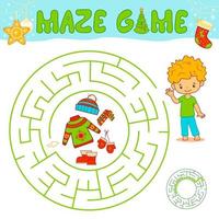 jogo de quebra-cabeça de labirinto de natal para crianças. labirinto de círculo ou jogo de labirinto com menino de natal. vetor