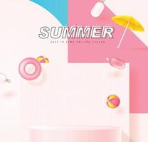 modelo de banner de venda de verão para promoção com forma cilíndrica de exibição de produto e fundo de festa na piscina vetor